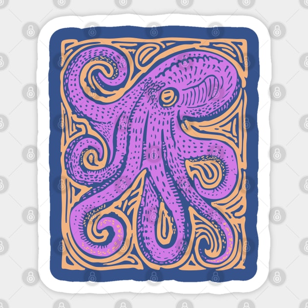 Psychedelic Octopus Linocut - Bohemian Ocean Art Sticker by TuncGK